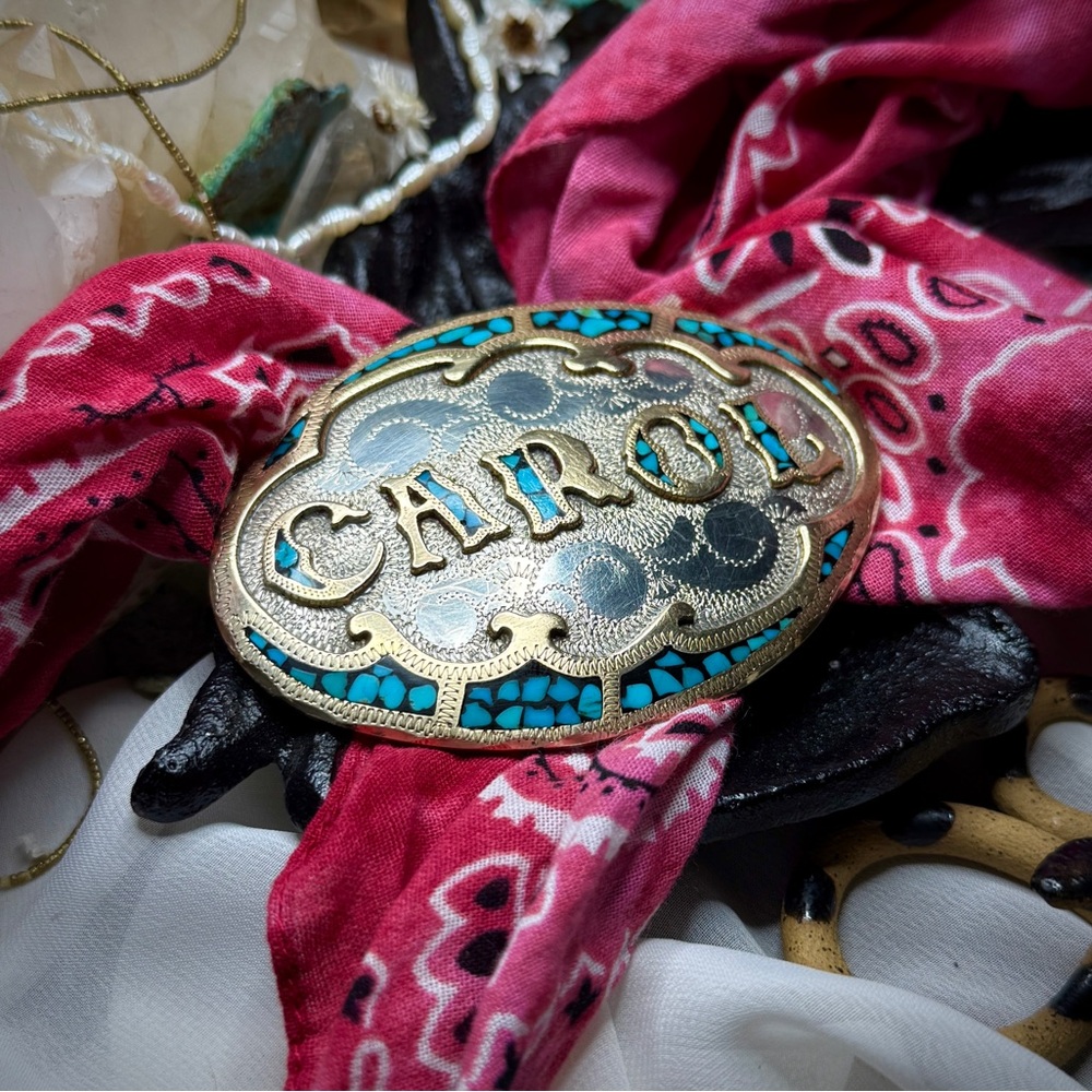 Vintage Custom Made Silver Metal & Brass Turquoise Inlay “Carol” Belt Buckle